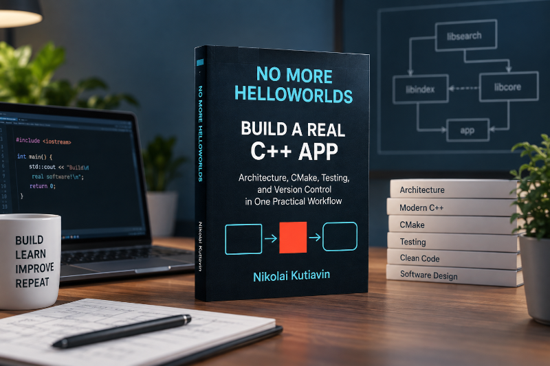 No More Helloworlds paperback on a software developer's desk